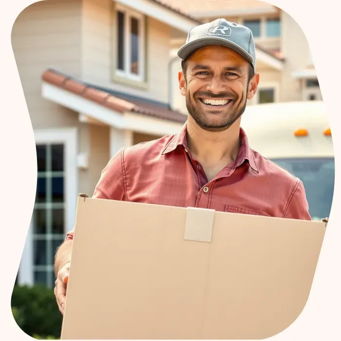 Two removalists moving boxes up stairs