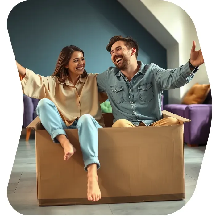 Two guys sitting on the floor of their apartment with Muval moving boxes